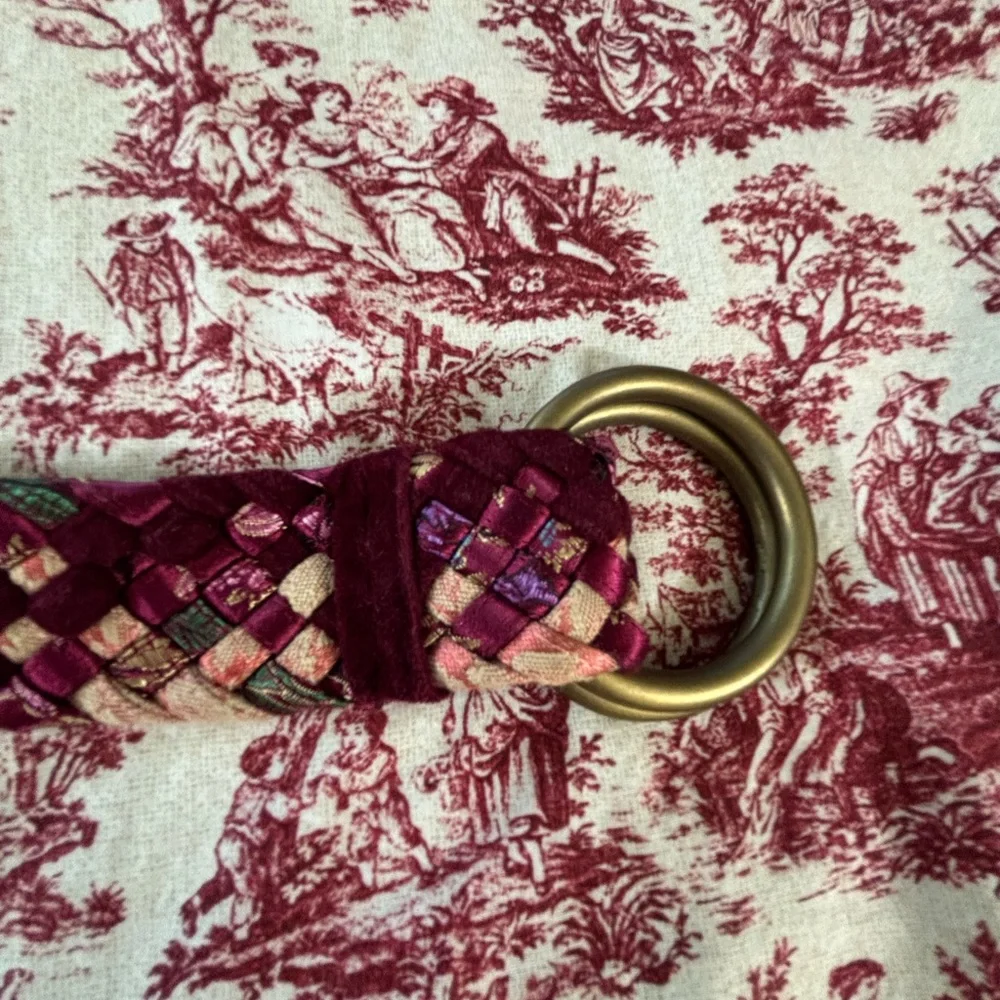 Large Upcycled Woven Boho Tapestry Textiles Belt, Dark Pinks, Double loop buckle